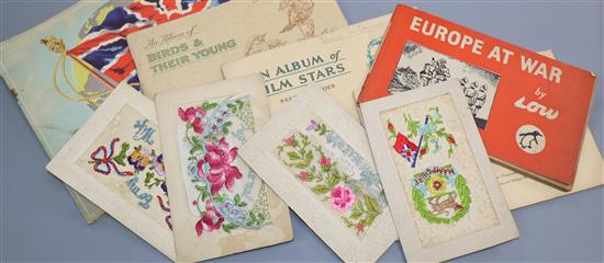A group of postcard silks, cigarette cards etc